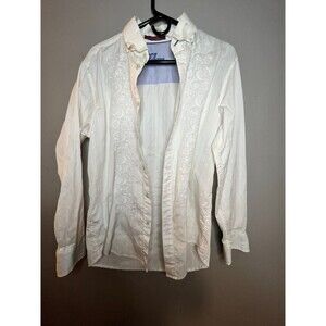 Tommy Bahama Shirt Mens Medium Ivory Striped 100% Cotton Embroidered Button-Down